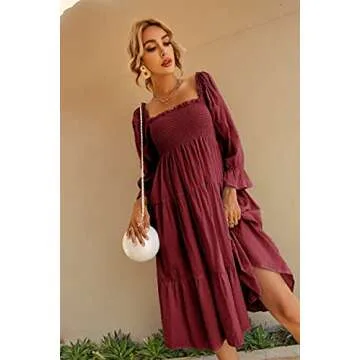 R.Vivimos Summer Cotton Polka Dots Off-Shoulder Boho Midi Dress - Burgundy