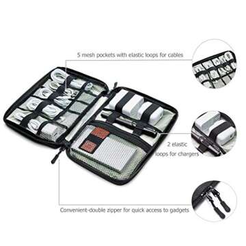 Travel Cable Organizer Case Tech Electronics Accessories Bag with 5 Cable Ties for Cable, iPad, Hard Drives, USB Charger
