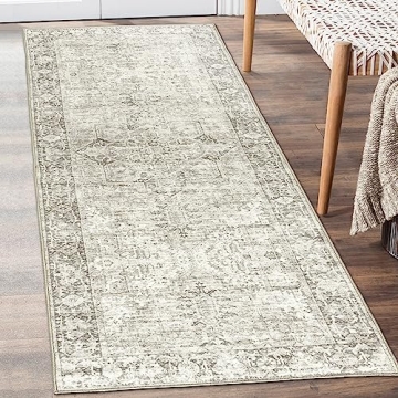ReaLife Machine Washable Area Rug Runner - Boho Farmhouse Vintage - Lyle - Beige Ivory 2'6" x 10'