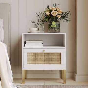 Natural Rattan Nightstands Set of 2, Accent End Table, Boho Bedside Table with 1 Hand Made Decorated Door for Living Room, Bedroom, White