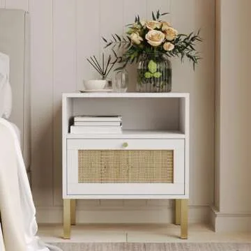 Natural Rattan Nightstands Set of 2, Accent End Table, Boho Bedside Table with 1 Hand Made Decorated Door for Living Room, Bedroom, White