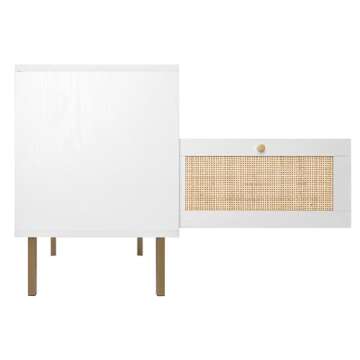 Natural Rattan Nightstands Set of 2, Accent End Table, Boho Bedside Table with 1 Hand Made Decorated Door for Living Room, Bedroom, White