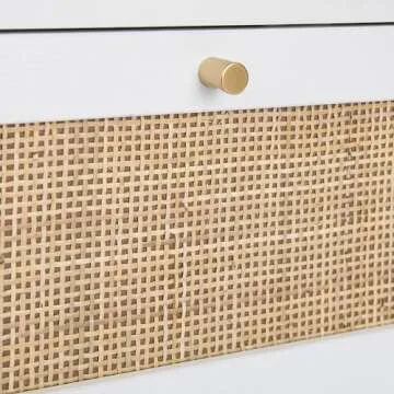 Natural Rattan Nightstands Set of 2, Accent End Table, Boho Bedside Table with 1 Hand Made Decorated Door for Living Room, Bedroom, White