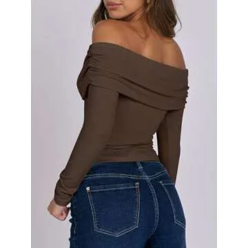 ANRABESS Womens Long Sleeve Off Shoulder Shirts Tight Fitted Going Out Y2K Sexy Ruched Tee Tops Blouses 2024 Trendy Outfits Brown Small