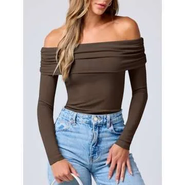ANRABESS Womens Long Sleeve Off Shoulder Shirts Tight Fitted Going Out Y2K Sexy Ruched Tee Tops Blouses 2024 Trendy Outfits Brown Small