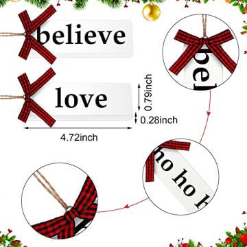 14 Pack Christmas Wishes Ornament Christmas Tree Wood Hanging Ornament Decorations Farmhouse Christmas Word Ornaments with Buffalo Plaid Bow for Xmas Wishes Hanging Crafts Christmas Party Decor