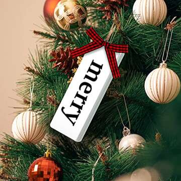 14 Pack Christmas Wishes Ornament Christmas Tree Wood Hanging Ornament Decorations Farmhouse Christmas Word Ornaments with Buffalo Plaid Bow for Xmas Wishes Hanging Crafts Christmas Party Decor