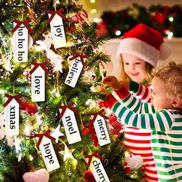 14 Pack Christmas Wishes Ornament Christmas Tree Wood Hanging Ornament Decorations Farmhouse Christmas Word Ornaments with Buffalo Plaid Bow for Xmas Wishes Hanging Crafts Christmas Party Decor