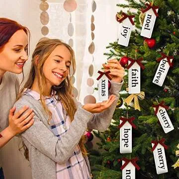 14 Pack Christmas Wishes Ornament Christmas Tree Wood Hanging Ornament Decorations Farmhouse Christmas Word Ornaments with Buffalo Plaid Bow for Xmas Wishes Hanging Crafts Christmas Party Decor