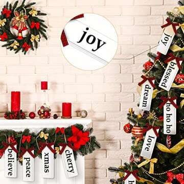 14 Pack Christmas Wishes Ornament Christmas Tree Wood Hanging Ornament Decorations Farmhouse Christmas Word Ornaments with Buffalo Plaid Bow for Xmas Wishes Hanging Crafts Christmas Party Decor