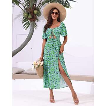 Summer Dress for Women Midi Dress Ditsy Floral Green Dress Boho Bohemian Casual Ruffled Sleeve Tropical Dress Hawaiian Flowy Cut Out Swing Dress Square Neck Tie Front Cutout Split