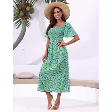 Summer Dress for Women Midi Dress Ditsy Floral Green Dress Boho Bohemian Casual Ruffled Sleeve Tropical Dress Hawaiian Flowy Cut Out Swing Dress Square Neck Tie Front Cutout Split