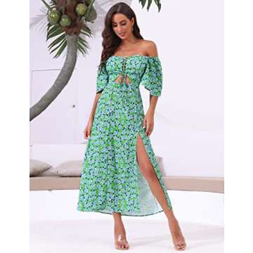 Summer Dress for Women Midi Dress Ditsy Floral Green Dress Boho Bohemian Casual Ruffled Sleeve Tropical Dress Hawaiian Flowy Cut Out Swing Dress Square Neck Tie Front Cutout Split