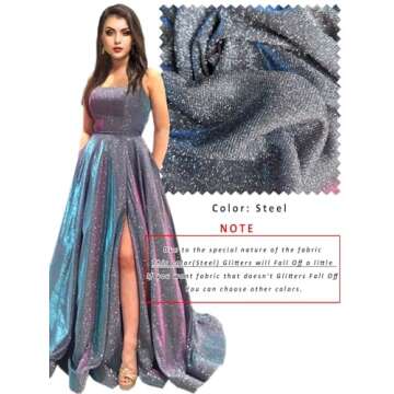 Topfountonart Women's Prom Dresses Long A Line Spaghetti Straps Neck Glitter with Pockets Party Formal Evening Dress Steel