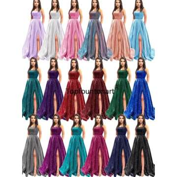 Topfountonart Women's Prom Dresses Long A Line Spaghetti Straps Neck Glitter with Pockets Party Formal Evening Dress Steel