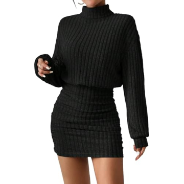 Women's Long Lantern Sleeve Sweater Dress - Cute & Cozy Ribbed Knit Mini for Fall