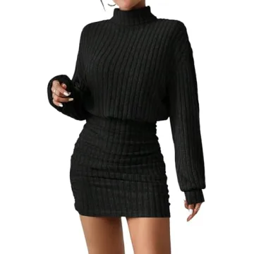 Women's Long Lantern Sleeve Sweater Dress - Cute & Cozy Ribbed Knit Mini for Fall