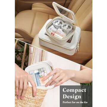 Fodayuse Mini Clear Makeup Bag - White Leather Makeup Pouch for Travel, Small Toiletry Bag for Purse...