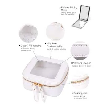 Fodayuse Mini Clear Makeup Bag - White Leather Makeup Pouch for Travel, Small Toiletry Bag for Purse & Backpack, Waterproof Square Organizer with Zipper - Clear Zipper Pouches for Women