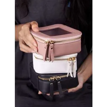 Fodayuse Mini Clear Makeup Bag - White Leather Makeup Pouch for Travel, Small Toiletry Bag for Purse & Backpack, Waterproof Square Organizer with Zipper - Clear Zipper Pouches for Women