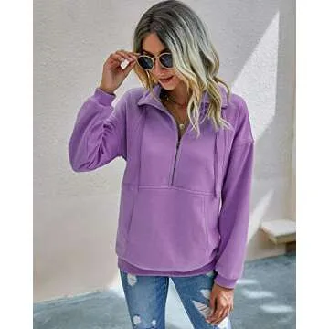 PRETTYGARDEN Women's Casual Long Sleeve Lapel Zipper Sweatshirt Drawstring Loose Pullover Tops (Purple, Small)