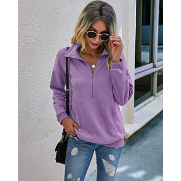 PRETTYGARDEN Women's Casual Long Sleeve Lapel Zipper Sweatshirt Drawstring Loose Pullover Tops (Purple, Small)
