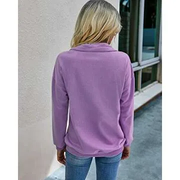 PRETTYGARDEN Women's Casual Long Sleeve Lapel Zipper Sweatshirt Drawstring Loose Pullover Tops (Purple, Small)