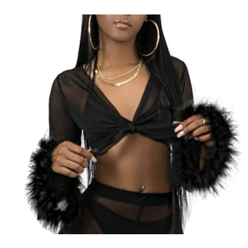 Women Rave Tie Front Sheer Crop Top with Feathers