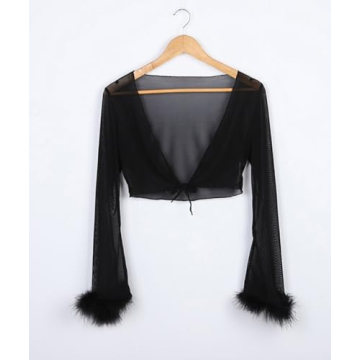 Women Rave Tie Front Sheer Crop Top with Feathers