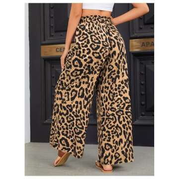 OYOANGLE Women's Leopard Print Elastic High Waist Wide Leg Pants with Pockets
