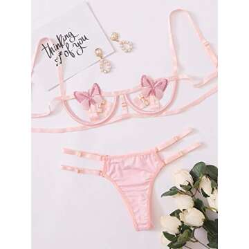 SweatyRocks Women's Sexy Bra and Panty Set 2 Piece Sheer Floral Lace Lingerie Set Butterfly Pink L
