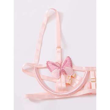 SweatyRocks Women's Sexy Bra and Panty Set 2 Piece Sheer Floral Lace Lingerie Set Butterfly Pink L