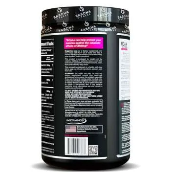 SASCHA FITNESS BCAA 4:1:1 + Glutamine, HMB, L-Carnitine, HICA | Powerful and Instant Powder Blend with Branched Chain Amino Acids (BCAAs) for Pre, Intra and Post-Workout | Natural Grape Flavor,362.5g
