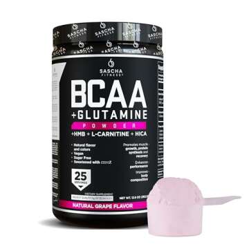 SASCHA FITNESS BCAA 4:1:1 + Glutamine, HMB, L-Carnitine, HICA | Powerful and Instant Powder Blend with Branched Chain Amino Acids (BCAAs) for Pre, Intra and Post-Workout | Natural Grape Flavor,362.5g