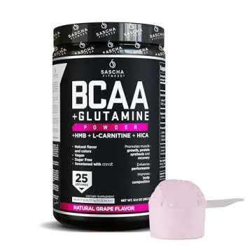SASCHA FITNESS BCAA 4:1:1 + Glutamine, HMB, L-Carnitine, HICA | Powerful and Instant Powder Blend with Branched Chain Amino Acids (BCAAs) for Pre, Intra and Post-Workout | Natural Grape Flavor,362.5g