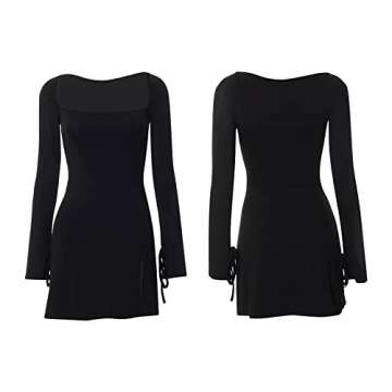 Leyajedol Women Square Neck Long Sleeve Mini Dress Sexy Low Cut Split Bodycon Short Dress Y2K Party Club Night Dress(J-Split Hem Black,S)