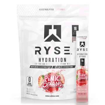 Ryse Core Hydration | On The Go Electrolyte Drink Mix Packets | with All 6 Electrolytes + Essential Vitamins | Zero Sugar | 16 Servings (Pink Splash)