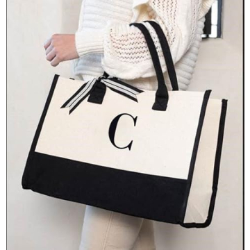 Mud Pie Classic Black and White Initial Canvas Tote Bags (C), 100% Cotton, 17" x 19" x 2"