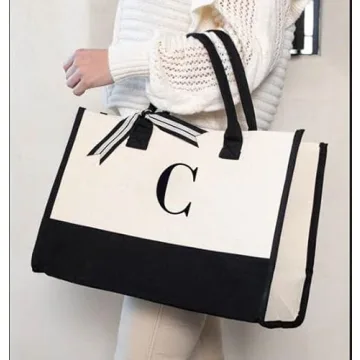 Mud Pie Classic Black and White Initial Canvas Tote Bags (C), 100% Cotton, 17" x 19" x 2"