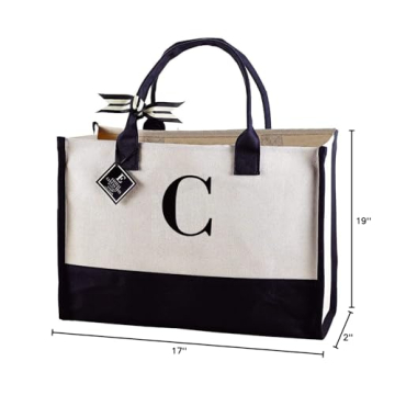 Mud Pie Classic Black and White Initial Canvas Tote Bags (C), 100% Cotton, 17" x 19" x 2"
