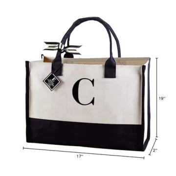Mud Pie Classic Black and White Initial Canvas Tote Bags (C), 100% Cotton, 17" x 19" x 2"