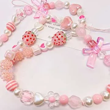 Showkanbay Phone Charms Strap,Pink Cute, Aesthetic Love Phone Chain Girl, Pearl Beaded Phone Lanyard Jewelry(strawberry)