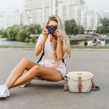 BAGSMART Camera Bag, SLR DSLR Canvas Crossbody Camera Case, Compact Camera Shoulder Bag with Rain Cover for Women and Men, Ivory White