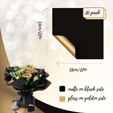 Gloreyan 20 Sheets Double Sided Golden Flower Wrapping Paper Black Waterproof Fresh Flower Packing Material Florist Bouquet Supplies DIY Craft Gift Packing(Black)