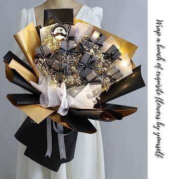 Gloreyan 20 Sheets Double Sided Golden Flower Wrapping Paper Black Waterproof Fresh Flower Packing Material Florist Bouquet Supplies DIY Craft Gift Packing(Black)