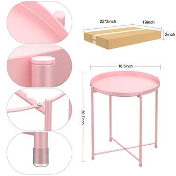 H HOMEWINS Tray Metal Round End Table,Pink Folding Small Side Table Outdoor & Indoor Accent Coffee Table for Small Spaces,Bedroom,Patio