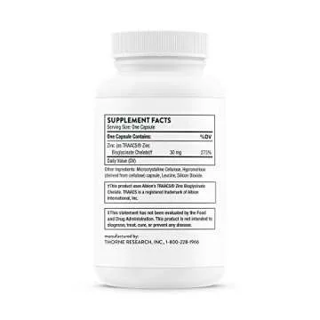 Thorne Zinc Bisglycinate 30mg - Daily Support for Skin, Eye & Immune System Health with Zinc Supplement Capsules - 60 Capsules
