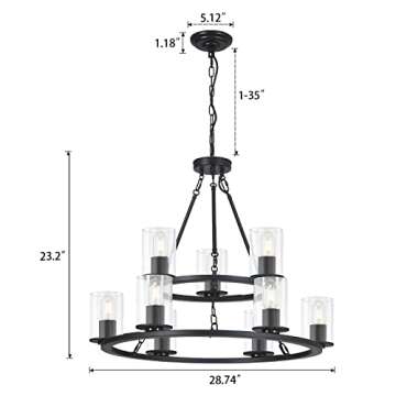 Fabulis Wagon Wheel Chandelier, 9-Light Modern Round Dining Room Light Fixture, Farmhouse Black, 28....