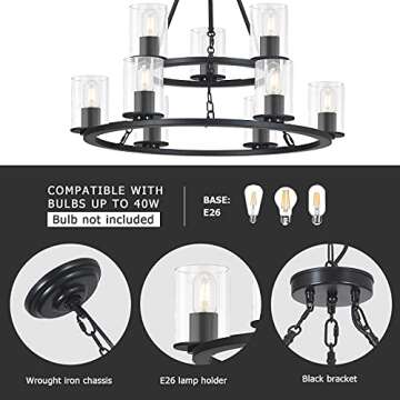 Fabulis Wagon Wheel Chandelier, 9-Light Modern Round Dining Room Light Fixture, Farmhouse Black, 28.74in x 23.2in, for Bedroom Living Room Foyer Hallway Kitchen Indoor