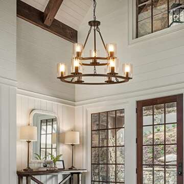 Fabulis Wagon Wheel Chandelier, 9-Light Modern Round Dining Room Light Fixture, Farmhouse Black, 28.74in x 23.2in, for Bedroom Living Room Foyer Hallway Kitchen Indoor